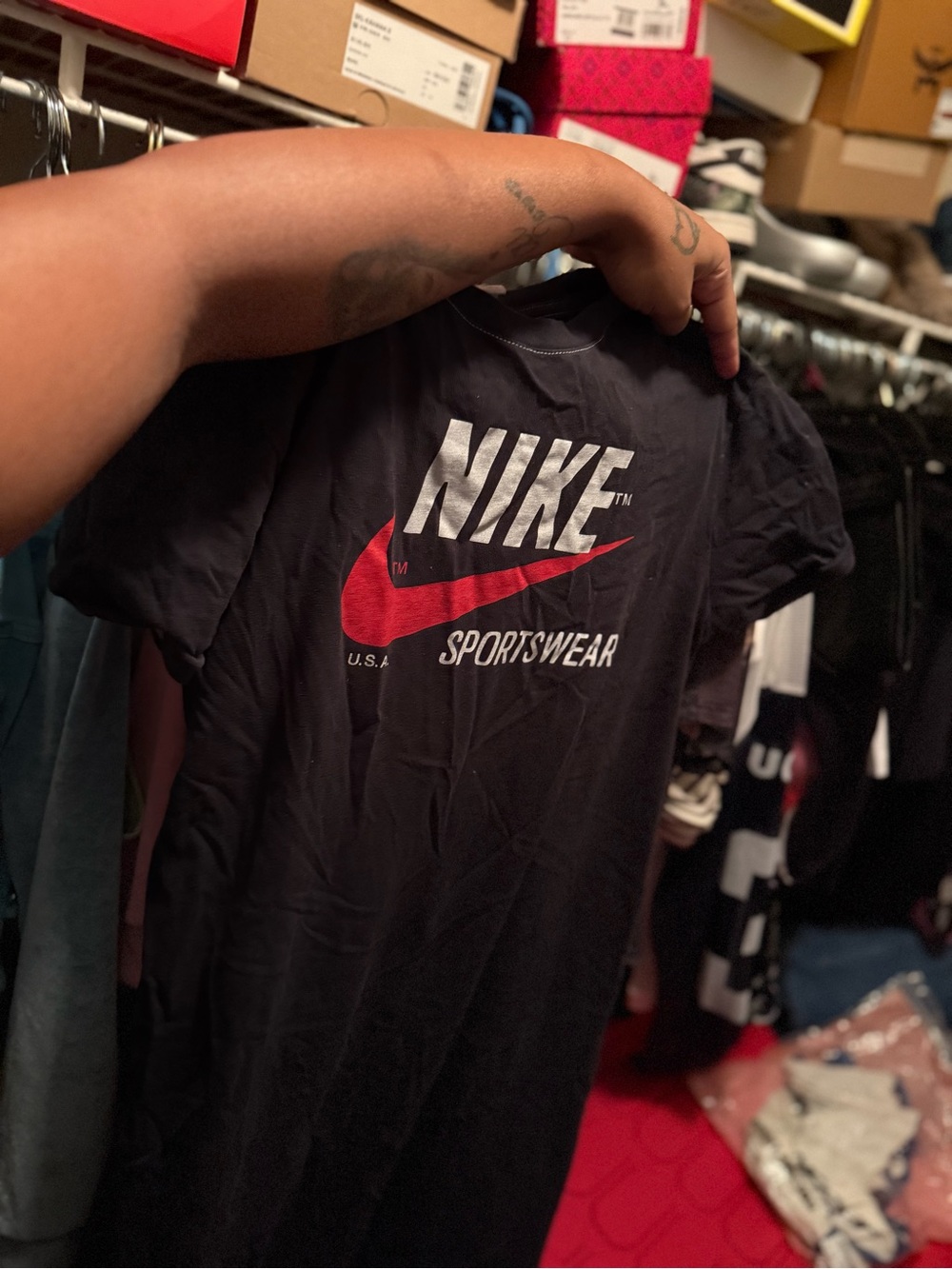 Nike Black Tee with Red Swoosh and White Logo